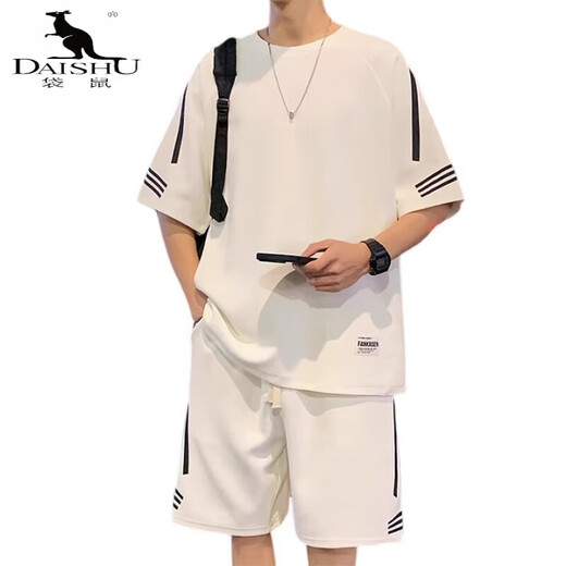 袋鼠（DaiShu）运动套装男2025夏季薄款宽松真冰丝短袖恤男短袖短裤两件套套装男 FKS653白色套装 XL 约130-150斤可穿