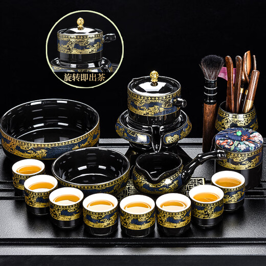 Songyun Qing Lazy Tea Set 2025 New Household Tea Drinking Artifact Ceramic Kung Fu Teacup Stone-Ground Teapot Semi-automatic Qingming Riverside Scene Automatic (6 cups) 8 heads 10 pieces