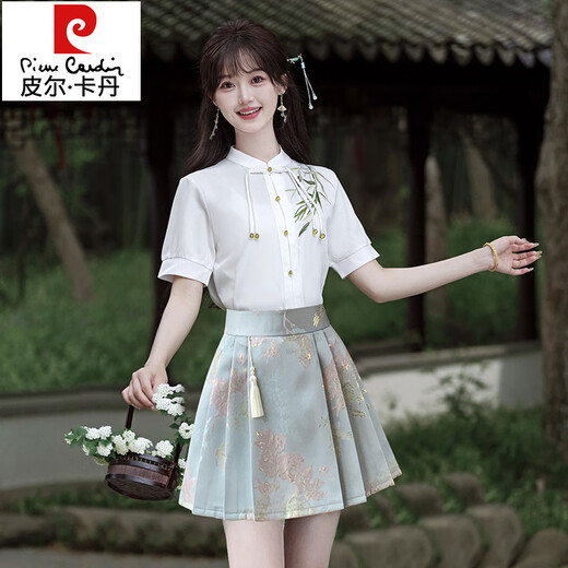 皮尔卡丹（pierre cardin）中国风改良汉服刺绣衬衫百褶裙马面裙套装小个子足浴技师工作服女 719白衣+蓝裙 2XL