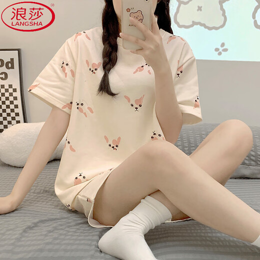 浪莎（LangSha）夏季女睡衣新款棉质夏天2025ins卡通印花圆领套头短袖爆款可外穿 1048紫兔 L (适合95-110斤)