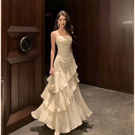Yiou Nischendesign Leichte Luxus hochwertige französische Hosenträger Kleid für Frauen Erwachsener Geschenk A-Line Rock Geburtstagskleid Rock 6074 Champagner Farbe M.
