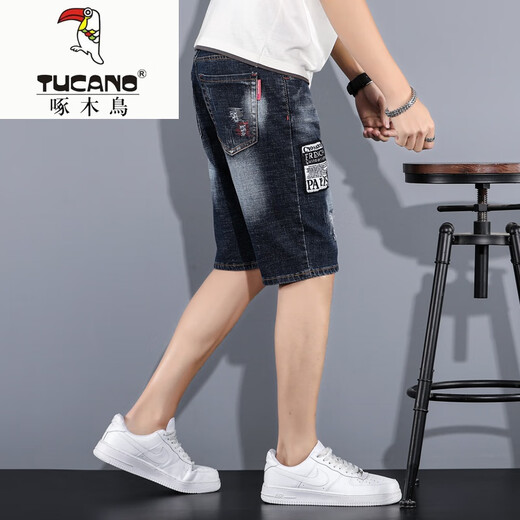 啄木鸟（TUCANO）破洞牛仔短裤男士五分马裤潮牌ins七分中裤潮流半截5分裤夏季薄款 K#869蓝黑【五分微弹】 XL 32