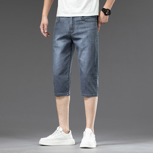 High-End Tennis Cropped Denim Shorts Herren Sommer Dünne lose gerade Eis Seidenhose Herren lässige 7-Kubikhose 757 Eisgrau Blau 30