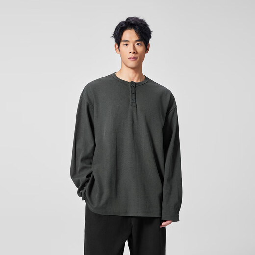 BODYDREAMBM Henry collar heavyweight T-shirt textured long-sleeved men's autumn bottoming shirt loose casual top black S 110Jin Jin is equal to within 0.5 kg