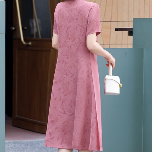 Ye Yi Middle-aged and Elderly Dresses, Mother-in-law and Mom Summer Dresses, 50-year-old fashionable middle-aged women's fake two-piece chiffon skirts 6625 pink 5XL Recommended 145-160Jin [Jin equals 0.5 kg]