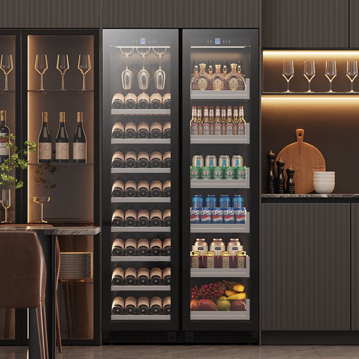 Baikelen double-door wine cabinet with constant temperature and humidity double-door light luxury ultra-thin seamless embedded home air-cooled frost-free villa tea beverage liquor wine fruit preservation refrigerated display cabinet 1.8 meters丨Dual temperature zone丨Red wine tea style丨 105 bottles Thick style