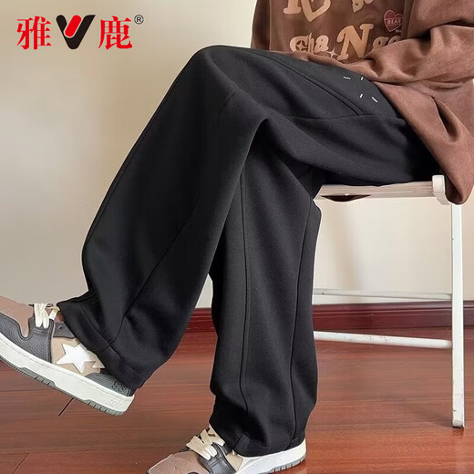 雅鹿弯刀裤男垂感直筒潮牌休闲裤男生运动裤宽松阔腿裤潮流显瘦裤子男 黑色 XL