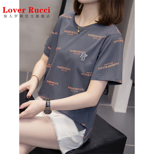 LOVER RUCCI fat mm belly-covering versatile pure cotton short-sleeved T-shirt for women 2025 summer new style 200Jin [Jin equals 0.5 kg] loose slim casual top 9928 gray 3XL 160-180Jin [Jin equals 0.5 kg]