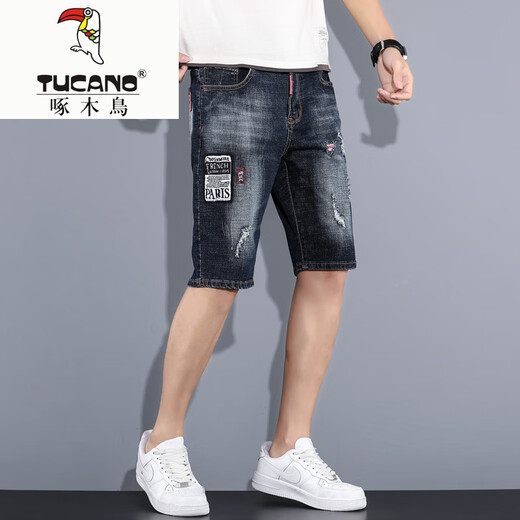 啄木鸟（TUCANO）破洞牛仔短裤男士五分马裤潮牌ins七分中裤潮流半截5分裤夏季薄款 K#869蓝黑【五分微弹】 XL 32