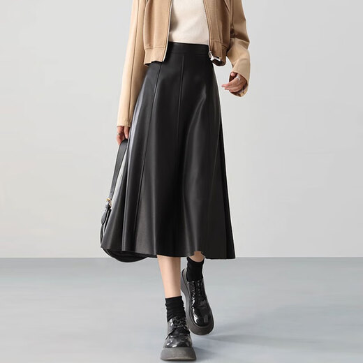 Aubaixi Leather Skirt Women's 2025 Spring Autumn Winter New High Waist Mid-Length Retro Umbrella Skirt A-Line Skirt Khaki M