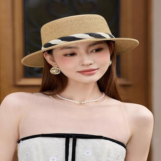Handu Yishe HSTYLE Handu Yishe Spring and Summer French Flat Top Straw Hat Girl Elegant Top Hat Sun Hat Wide Essential Seaside Vacation Hat Khaki
