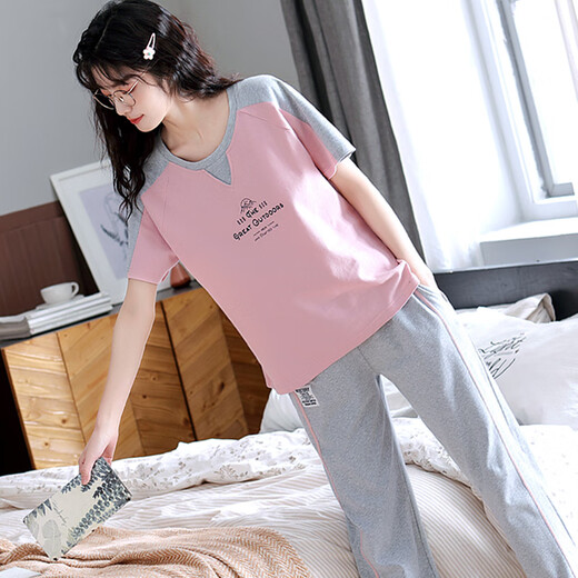 浪莎2025夏季新款小清新睡衣女夏季纯棉短袖长裤可外穿夏天家居服套装 T9715 M码[建议80-100斤穿] 均码