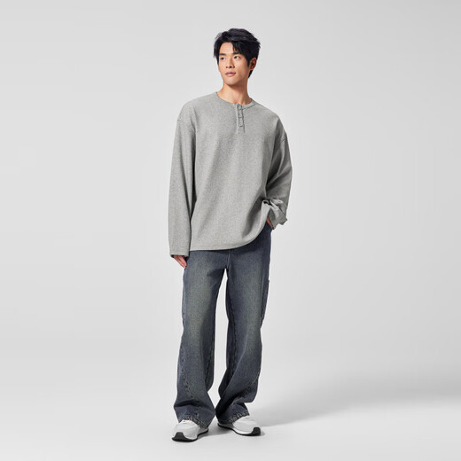 BODYDREAMBM Henry collar heavyweight T-shirt textured long-sleeved men's autumn bottoming shirt loose casual top black S 110Jin Jin is equal to within 0.5 kg