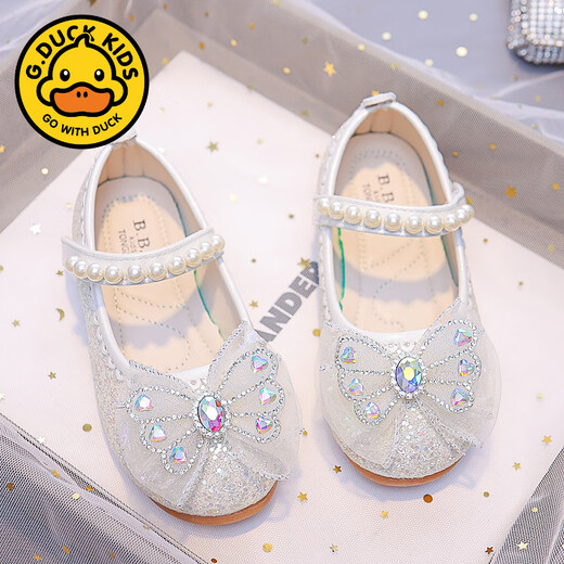 G.duck Girls Princess Elsa Shoes 2025 New Korean Style Bow Little Girls Soft Sole Shoes Pearl Crystal Small Leather Shoes RX116 Pink 29