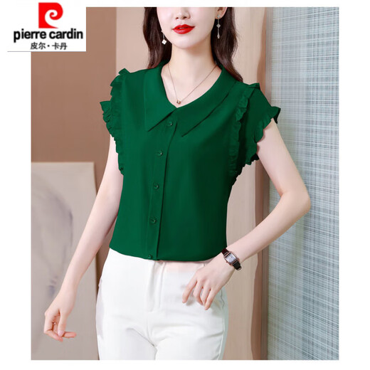 Pierre Cardin chiffon sleeveless top, stylish shirt, girl's doll collar shirt, short-sleeved, versatile chiffon belly-covering chiffon shirt, 6218 Internet celebrity haze blue M. It is recommended that 100Jin Jin is equal to within 0.5kg.