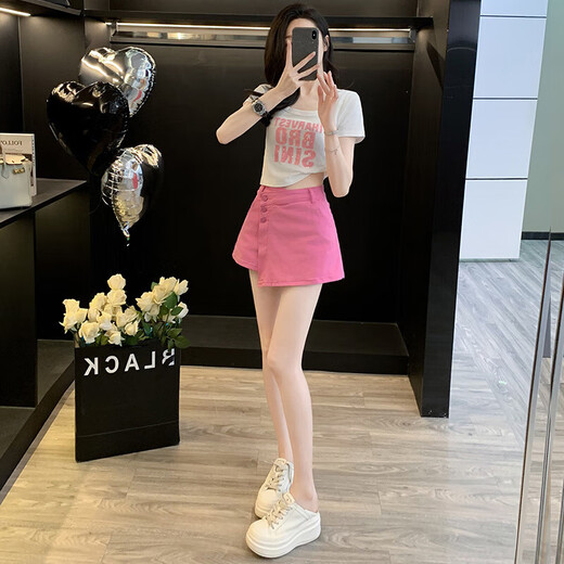 Yuxi Pink-Breasted Decorative Casual Denim Shorts Frauen hohe Taille schlampig gefälschter zweiteiliger Hüft-Hip-Padd-Rock kurzer Top Cover 7029 Weißes Top + 7028 Rose Red Denim Rock S S