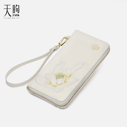 PmSix【新品】爱莲说刺绣钱包女长款新款牛皮拉链钱夹女士手拿包小包 白色