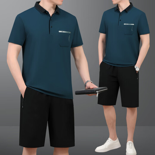 
DK brand men's short-sleeved T-shirt suit men's summer sports POLO shirt loose middle-aged and elderly casual two-piece set 682-water blue [short-sleeved + shorts] L