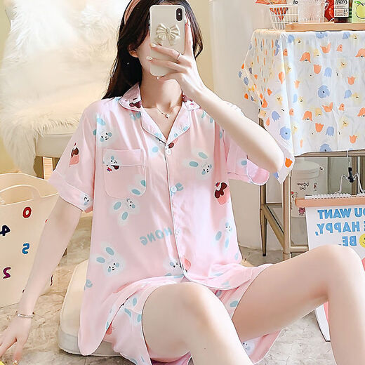 Modal Summer Cotton Seide Thin Pyjamas Strickjacke Kurzarm Shorts Loose Set Japaner Cartoon niedliche künstliche Baumwollhauskleidung Baumwolle Seiden-Strickjacken Frauen Doppel-3520 m 80-100Jin [Jin gleich 0,5 kg]