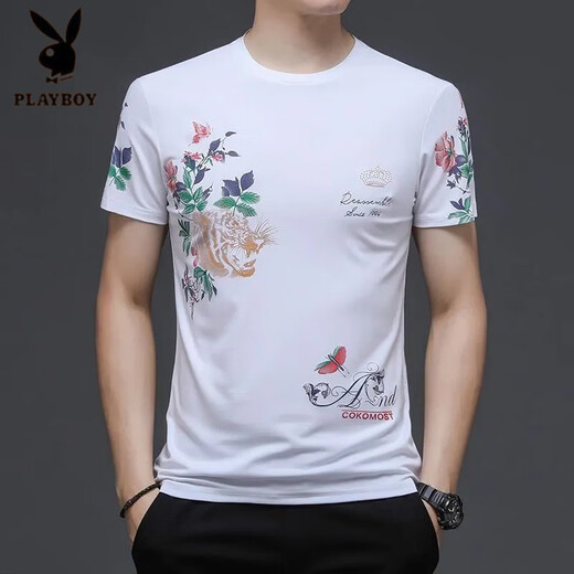 Playboy (PLAYBOY) Chinese style tiger head trendy men's short-sleeved T-shirt fashion printed large-size men's base shirt half-sleeved loose top 829 black letters M 165 [recommended 100-120 Jin [Jin equals 0.5 kg]]