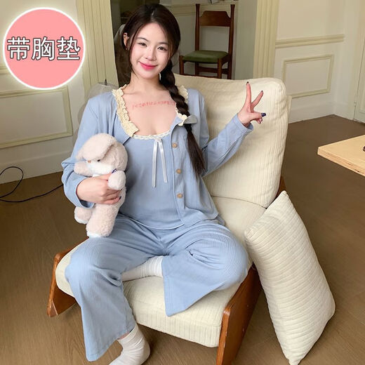 荣西图（RONGXITU）棉睡衣女带胸垫吊带三件套韩版甜美ins风家居服 S681#灰蓝 170 M