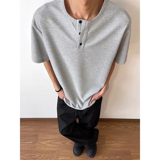 
Miao Yijia men's short-sleeved T-shirt for men loose casual summer men's Henry shirt half-sleeved base shirt top half-sleeved inner grey waffle short-sleeved XL