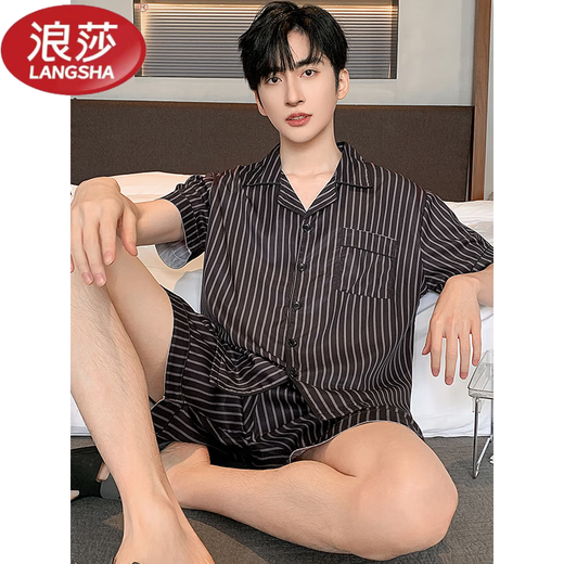 Langsha Light Luxury New Seidenpyjamas Herren kurzärmelige Sommeranzüge und lässige Maulbeer-Seiden-Heimkleidung können außerhalb 6629 getragen werden [kurzärmelige + Shorts] l