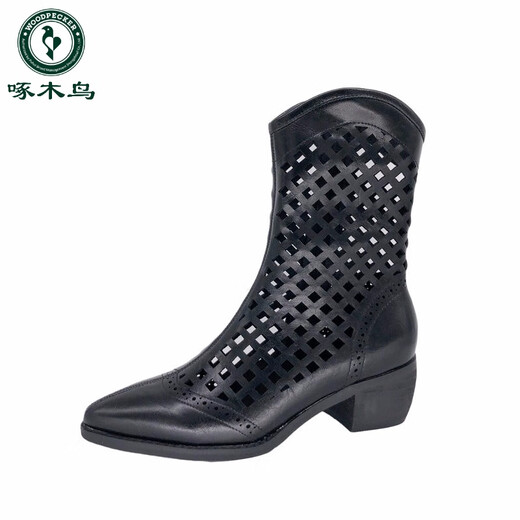 Woodpecker Botas de Malla Blanca Botas Cortas Huecas Verano de Mujer Tacón Medio 2026 Nuevas Sandalias Botas Martin Delgadas Punta Puntiaguda Botas de Vaquero Occidental Blanco 35