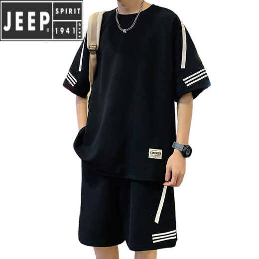 JEEP SPIRIT casual sports casual suit men's summer short-sleeved T-shirt men's black half-sleeved men's T-shirt teenagers a handsome set FKS653 black suit XL (about 130-150Jin Jin equals 0.5 kg can be worn)