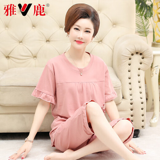 雅鹿高档妈妈睡衣薄款夏季纯棉短袖七分裤中年女士圆领全棉大码家居服 6626 【开衫套装】 XL 【120-140斤】