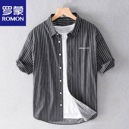 
Lomon men's striped shirt short sleeve loose summer thin Japanese casual versatile shirt summer clothes 9740 white M