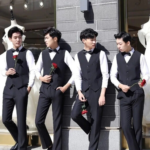 Rent groomsmen suit, three-piece suit, spring, autumn and winter groom's wedding dress, brother group formal dress, choir men's suit (rent) black vest + black trousers + shirt + bow tie XL