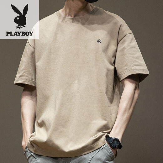 花花公子（PLAYBOY）纯棉重磅居家纯色百搭宽松新款短袖体恤男士纯棉个性印花图案半袖 蓝色1365 XL