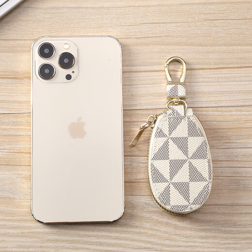 Car keychain black checkered business car zipper fashion key protective cover men and women universal key bag S pattern coffee color