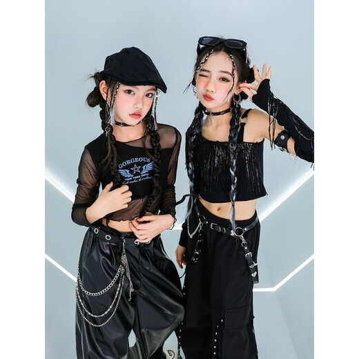 
Cloth Cat Jazz Dance Costume Girls Children's Sling Mesh Long Sleeve Navel Exposed Set Show Dance Costume Group Suit 683D Black Mesh Long Sleeve 160