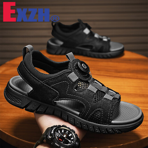 Exzh Brand Summer Herren Open-toed-Sandalen Echtes Leder atmungsaktivem Rotary Buckle Beach Schuhe Outdoor Sport und Freizeitloch Schuhe Grau [9856 Strandstil] 38