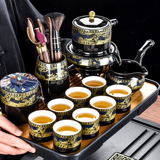 Songyun Qing Lazy Tea Set 2025 New Household Tea Drinking Artifact Ceramic Kung Fu Teacup Stone-Ground Teapot Semi-automatic Qingming Riverside Scene Automatic (6 cups) 8 heads 10 pieces