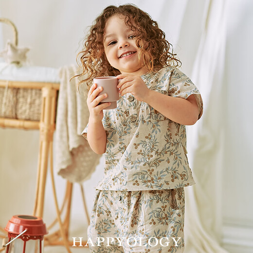 Happyology British children's new spring and summer round neck pocket embroidered boys' tops and girls' shirts with vine walnut branches - blue and gray (shorts) 110 (112cm)