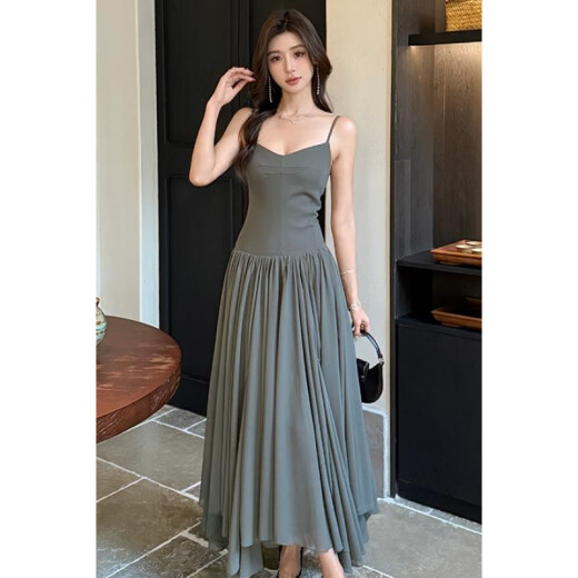 YIOU夏季吊带连衣裙女新款收腰百褶A字长裙修身显瘦长款裙9896 石松绿 S