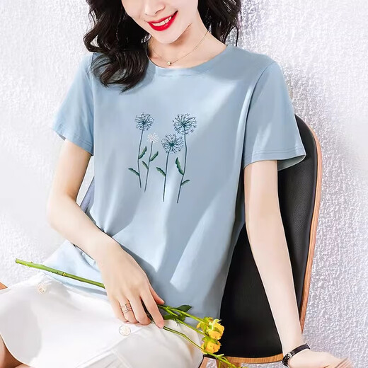 TAGD loose short-sleeved T-shirt for women 2025 summer new pure cotton slim round neck T-shirt fashionable printed casual top 6193 leather powder M (recommended 80-105Jin [Jin equals 0.5 kg])