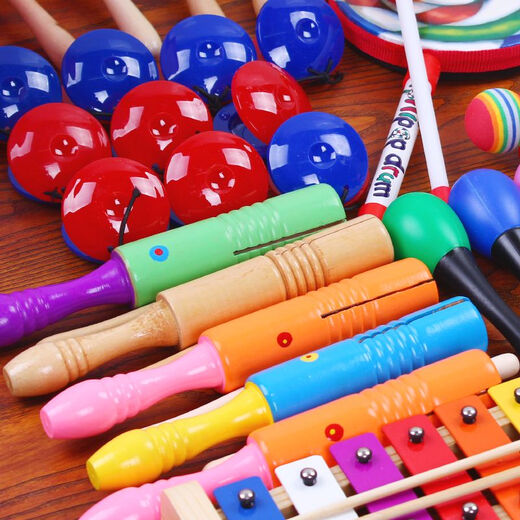 Triple Luolf Percussion Instrument Set Geschenkbox Kindergarten Frühbildung Aufklärungs Musikunterricht AIDS Spielzeug Schlagzeug Robe Drums Sand Hammer Cartoon Tiere 28 Stücke Lieferbox