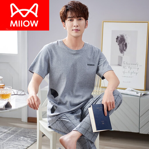 Catman (Miiow) Pajamas pour hommes en été coton pur pantalon à manches courtes minces de coton à demi-manche à manchette pour hommes en vrac de taille plus habile 9928 Ash M (taille 165) recommandée de porter du poids 100-125 Jin [Jin est égal à 0,5 kg]