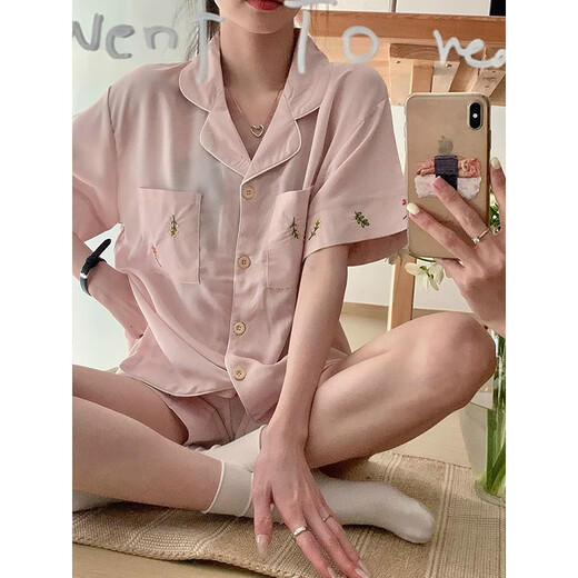莫代尔冰丝睡衣女夏季薄款短袖短裤套装夏天感简约休闲家居服可外穿 LW-9215【短袖短裤】 L 【建议100-120斤】