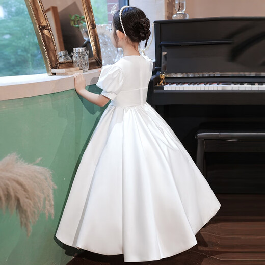 思妙星女童白色晚礼服花童婚礼公主裙儿童主持人钢琴演奏合唱指挥演出服 白色长款 120