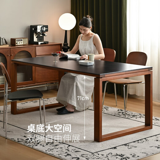 Genji hölzernem Massivholz Esstisch Restaurant mittelstil Rockboard Langer Tisch Retro Esstisch Haushaltstisch Stuhl Kombination 1,8 Meter reine schwarze Steintisch Esstisch 1804*854*750 mm