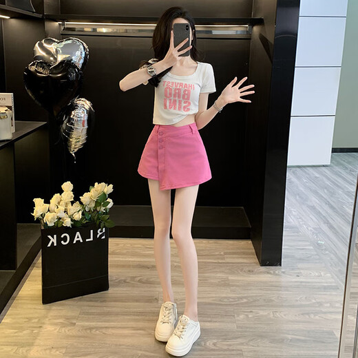 Yuxi Pink-Breasted Decorative Casual Denim Shorts Frauen hohe Taille schlampig gefälschter zweiteiliger Hüft-Hip-Padd-Rock kurzer Top Cover 7029 Weißes Top + 7028 Rose Red Denim Rock S S