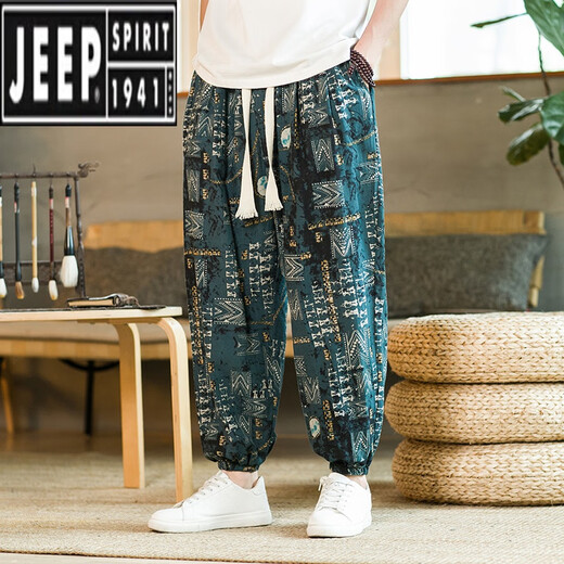 吉普（JEEP）亚麻夏季男士裤薄款男人灯笼裤宽松束脚九分哈伦休闲裤大码花裤子 901白大象 棉麻 2XL 【建议160斤-170斤】