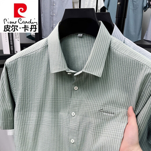皮尔卡丹（pierre cardin）高端中年男士短袖纯棉衬衫2025夏季新款休闲商务条纹衬衣 QLM-15265-灰色内销品牌出口转内销 M