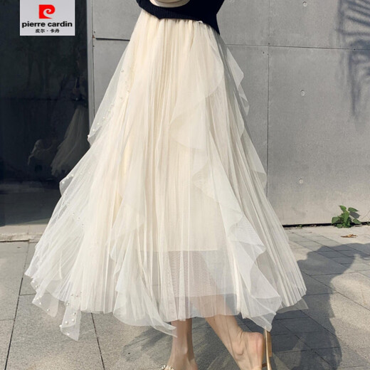 皮尔卡丹（pierre cardin）【1476人收藏】钉珠网纱纱裙半身裙2025新款高腰仙女不规则中长款 杏订珠 S