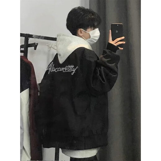 Qumile American hiphop bomber jacket for men and women in autumn and winter loose and trendy baseball uniforms high street handsome clothes jacket black XL recommended 120-140Jin Jin is equal to 0.5 kg